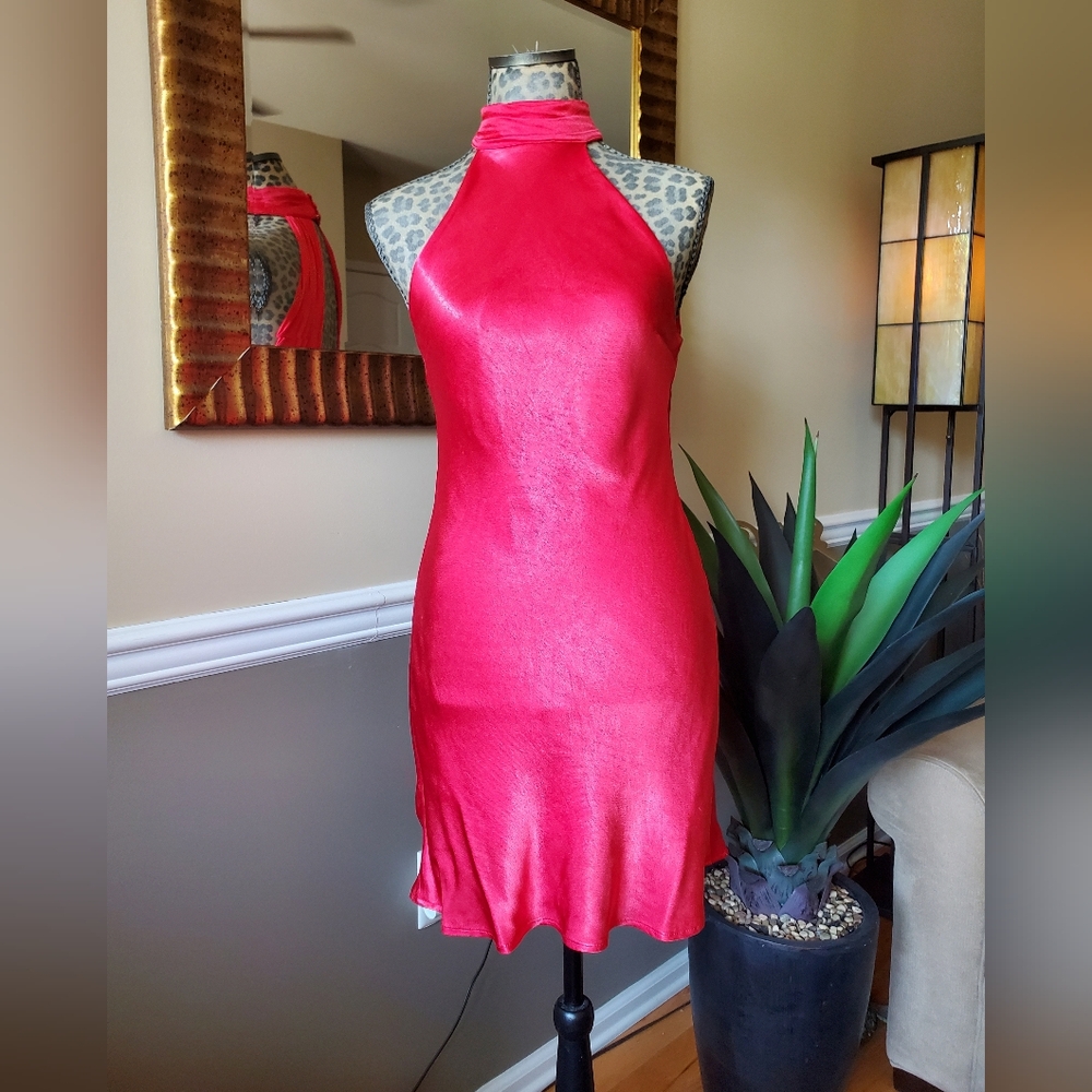 Red Liquid Satin Halter Dress